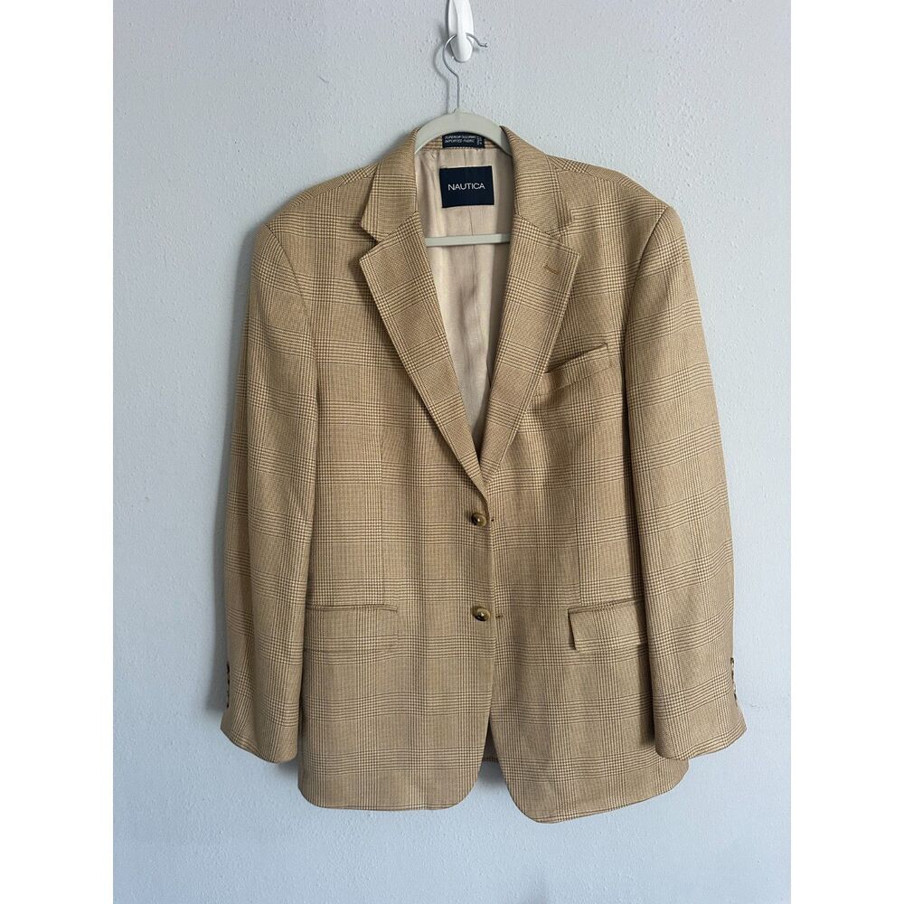 Nautica Plaid Silk Wool Linen Blazer Men’s 41R Large Tan Glen Sport Coat - Picture 2 of 8